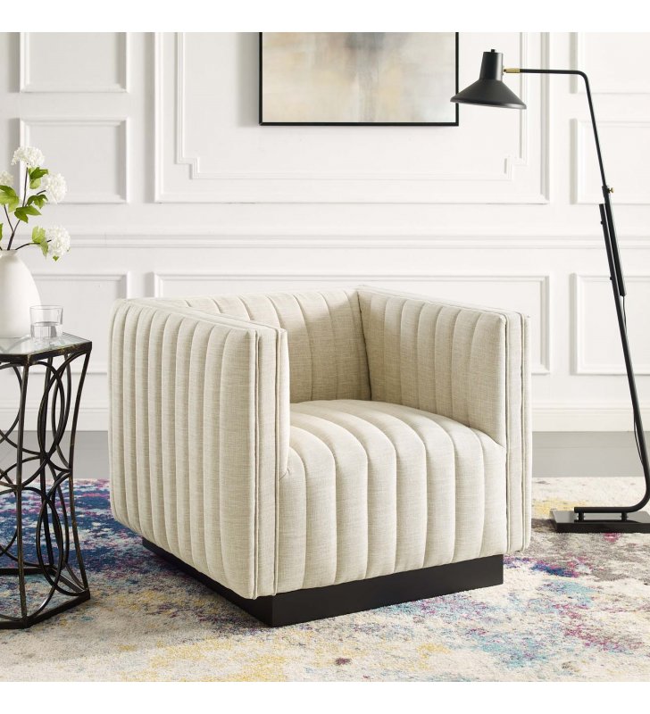 Conjure Tufted Upholstered Fabric Armchair in Beige - Lexmod