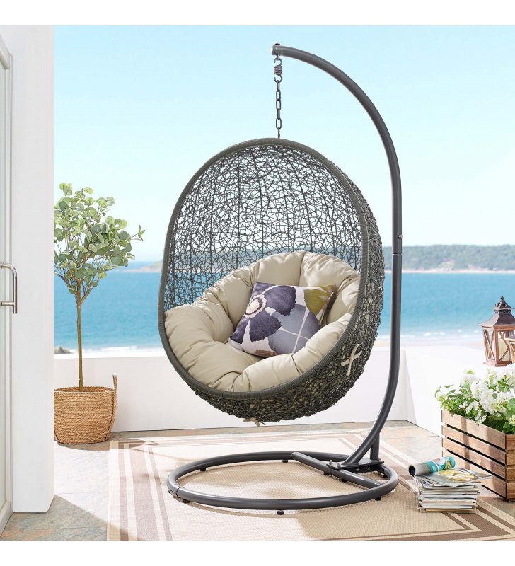Hide Outdoor Patio Sunbrella Swing Chair With Stand in Gray Beige - Lexmod