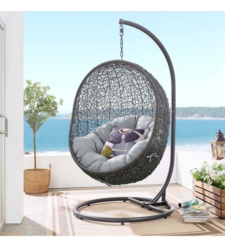 Hide Outdoor Patio Sunbrella Swing Chair With Stand in Gray Gray - Lexmod