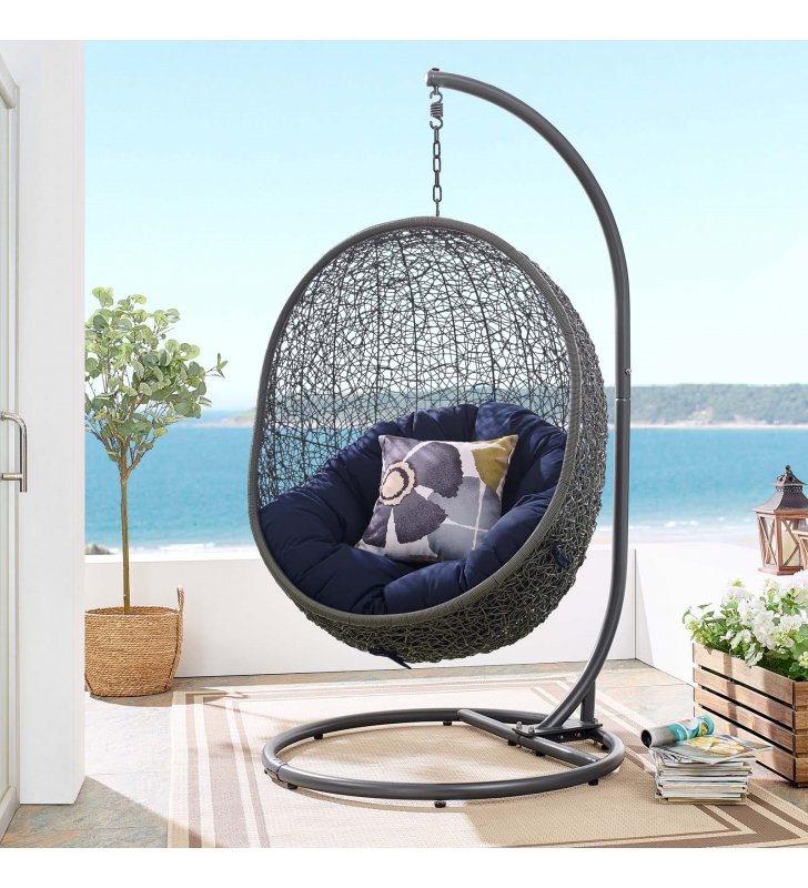 Hide Outdoor Patio Sunbrella Swing Chair With Stand in Gray Navy - Lexmod