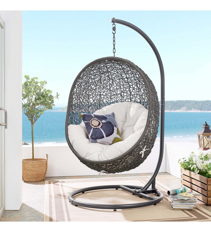 Hide Outdoor Patio Sunbrella Swing Chair With Stand in Gray White - Lexmod
