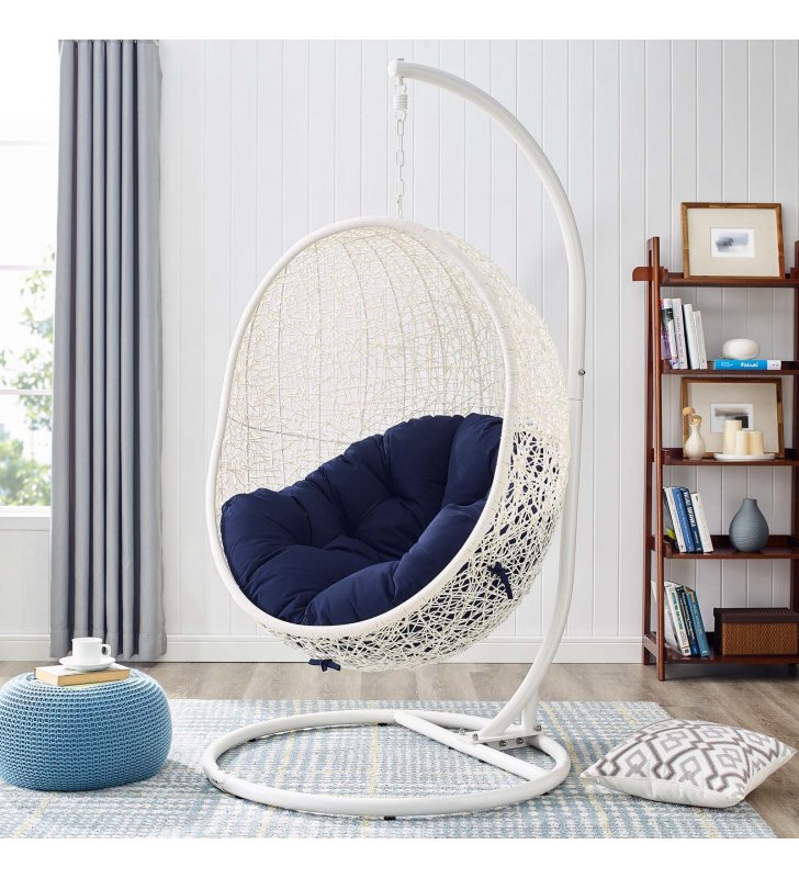 Hide Outdoor Patio Sunbrella Swing Chair With Stand in White Navy - Lexmod