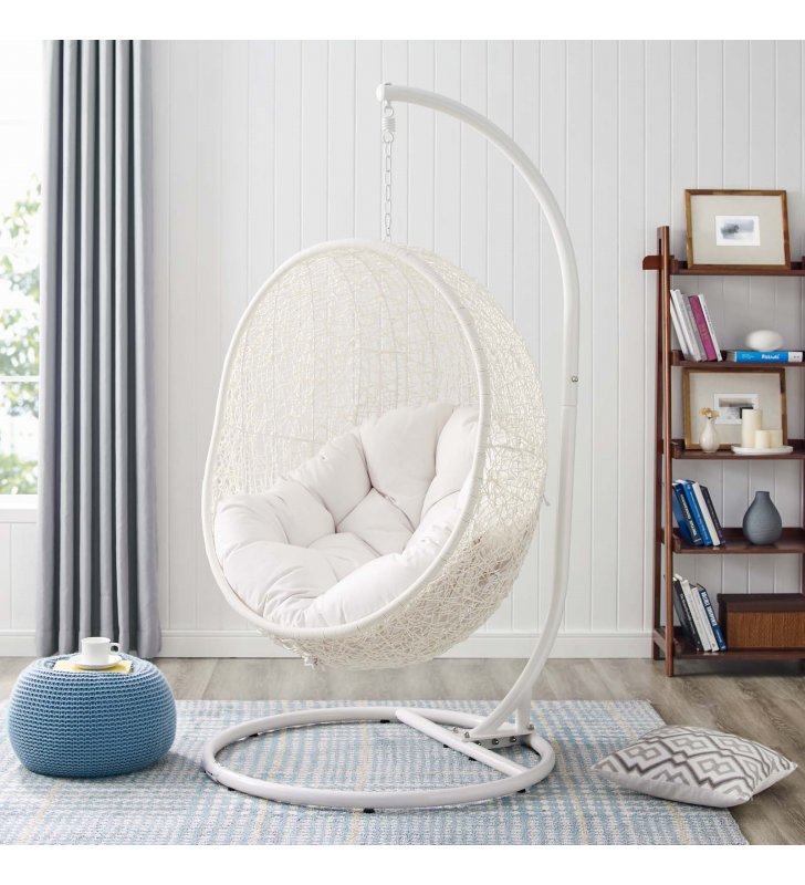 Hide Outdoor Patio Sunbrella Swing Chair With Stand in White White - Lexmod