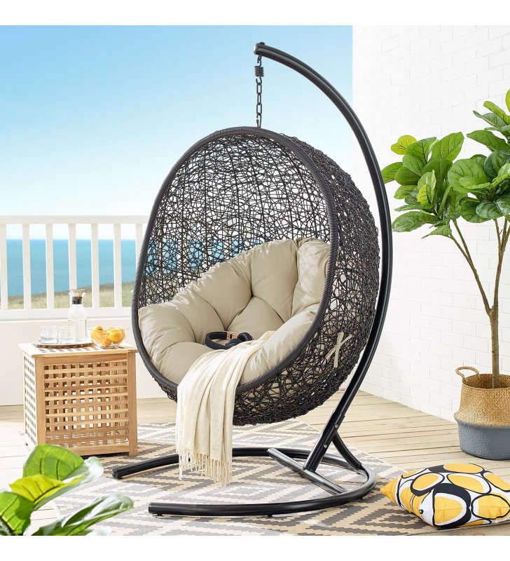 Encase Sunbrella Swing Outdoor Patio Lounge Chair in Black Beige - Lexmod