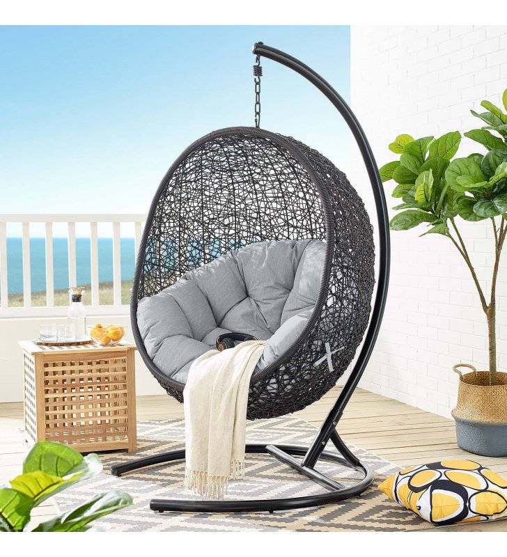 Encase Sunbrella Swing Outdoor Patio Lounge Chair in Black Gray - Lexmod