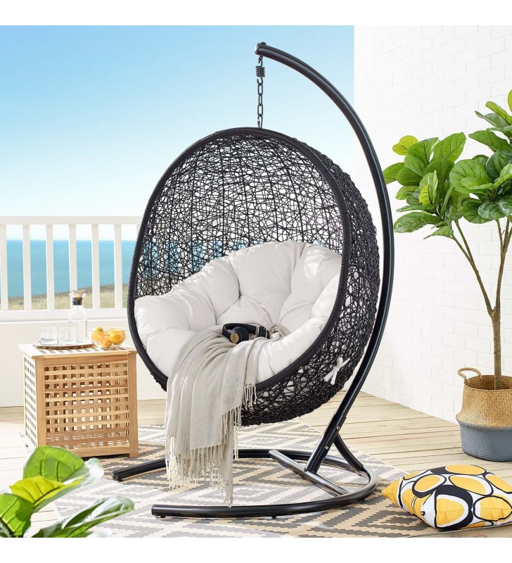 Encase Sunbrella Swing Outdoor Patio Lounge Chair in Black White - Lexmod