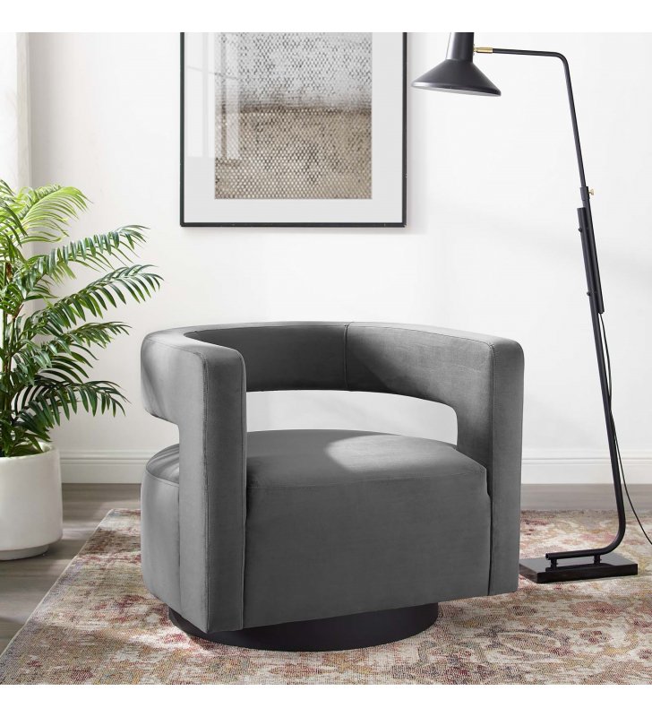 Spin Cutaway Performance Velvet Swivel Armchair in Gray - Lexmod
