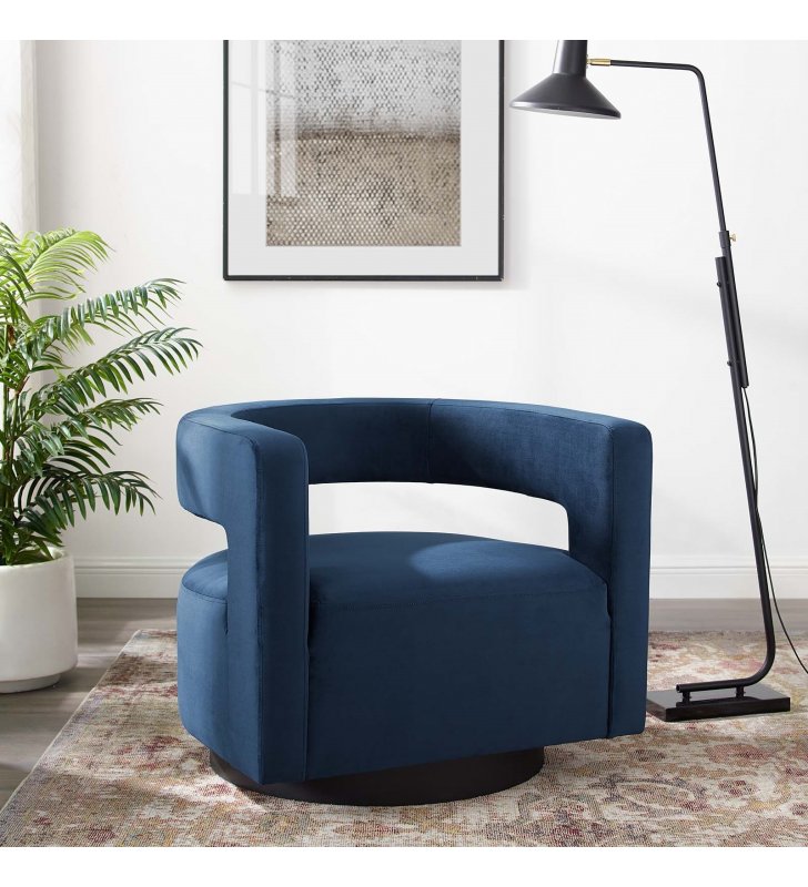 Spin Cutaway Performance Velvet Swivel Armchair in Midnight Blue - Lexmod