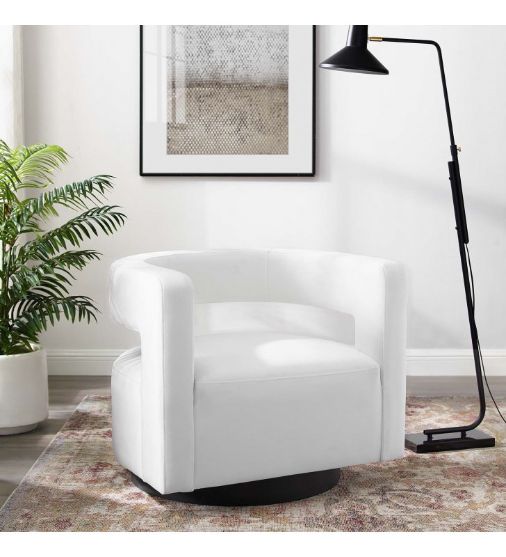 Spin Cutaway Performance Velvet Swivel Armchair in White - Lexmod
