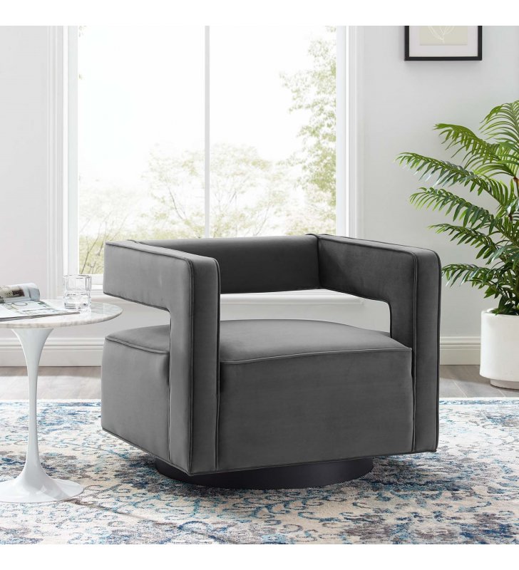Booth Performance Velvet Swivel Armchair in Gray - Lexmod