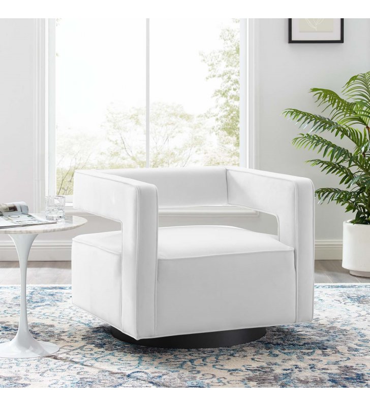 Booth Performance Velvet Swivel Armchair in White - Lexmod