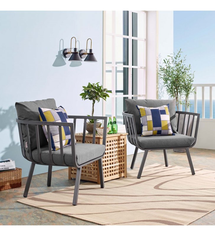 Riverside Outdoor Patio Aluminum Armchair Set of 2 in Gray Charcoal - Lexmod
