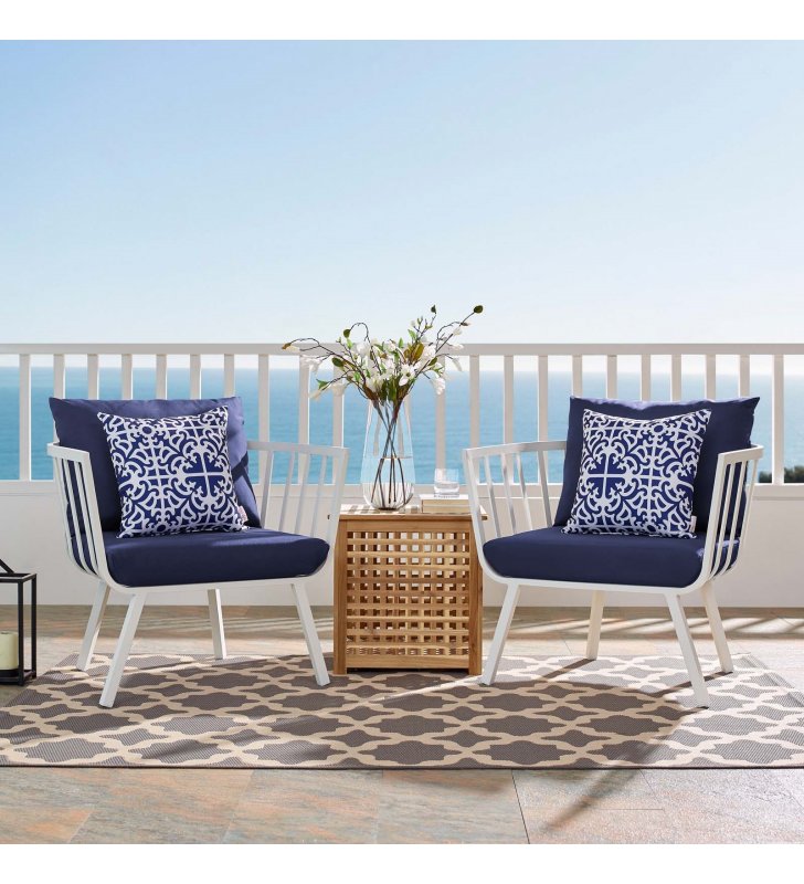 Riverside Outdoor Patio Aluminum Armchair Set of 2 in White Navy - Lexmod