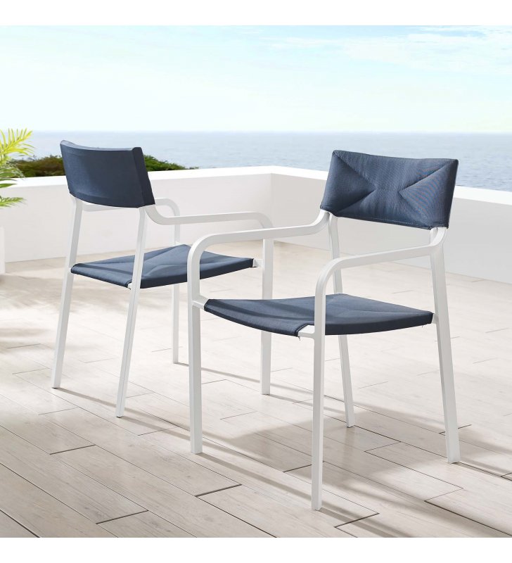Raleigh Outdoor Patio Aluminum Armchair Set of 2 in White Navy - Lexmod