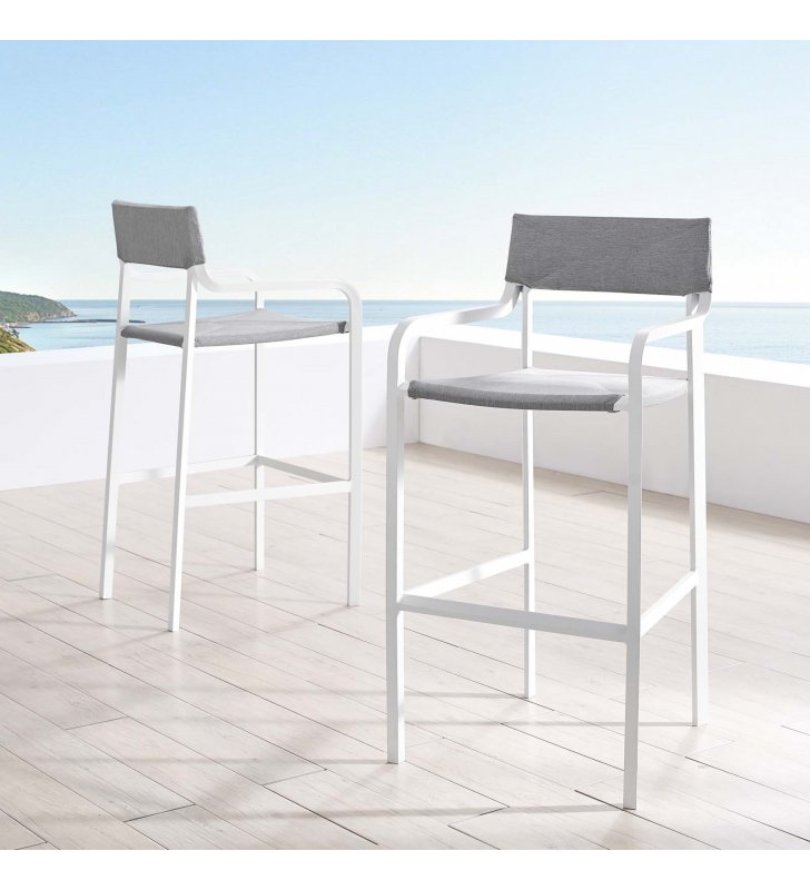 Raleigh Outdoor Patio Aluminum Bar Stool Set of 2 in White Gray - Lexmod