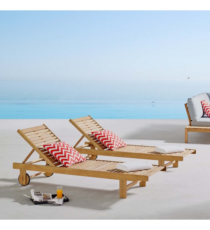 Hatteras Outdoor Patio Eucalyptus Wood Chaise Lounge Set of 2 in Natural - Lexmod