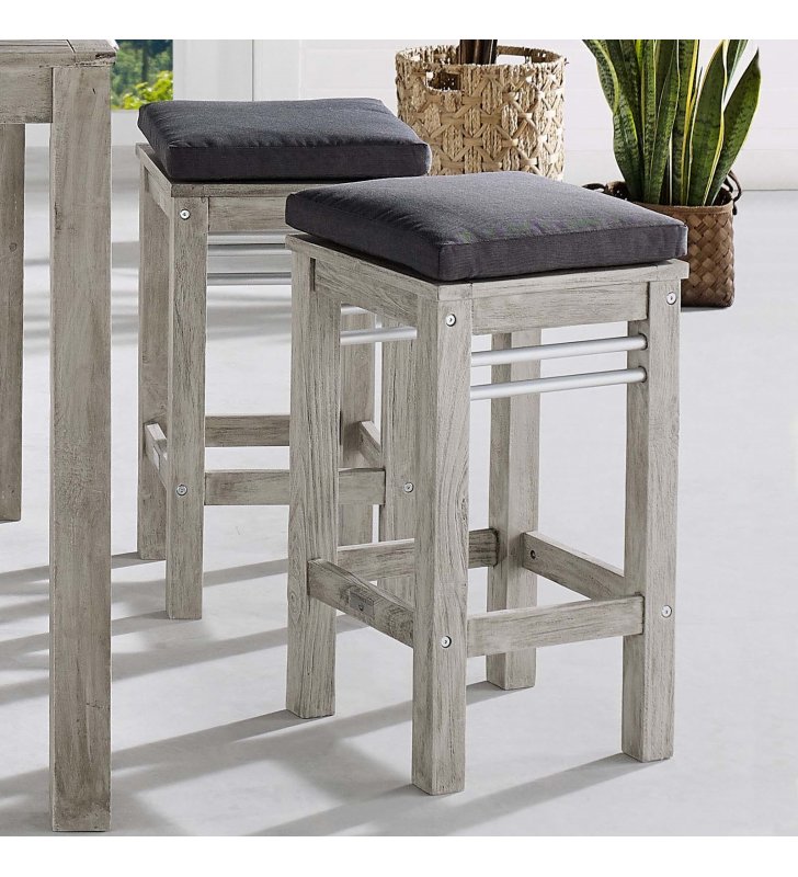 Wiscasset Outdoor Patio Acacia Wood Bar Stool Set of 2 in Light Gray - Lexmod
