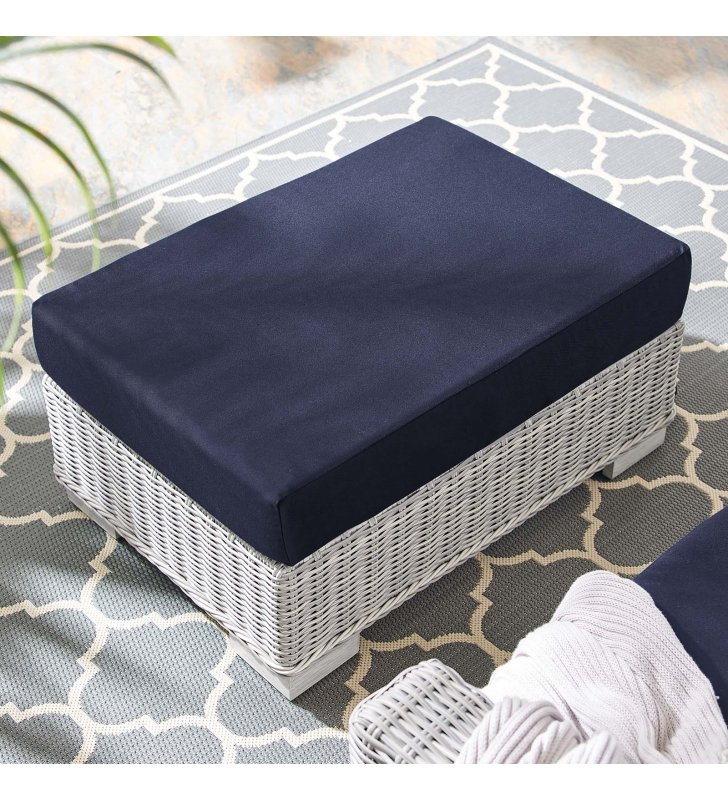 Conway Sunbrella Outdoor Patio Wicker Rattan Ottoman in Light Gray Navy - Lexmod