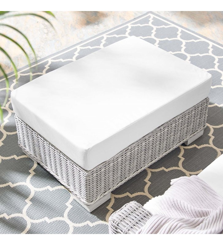 Conway Sunbrella Outdoor Patio Wicker Rattan Ottoman in Light Gray White - Lexmod