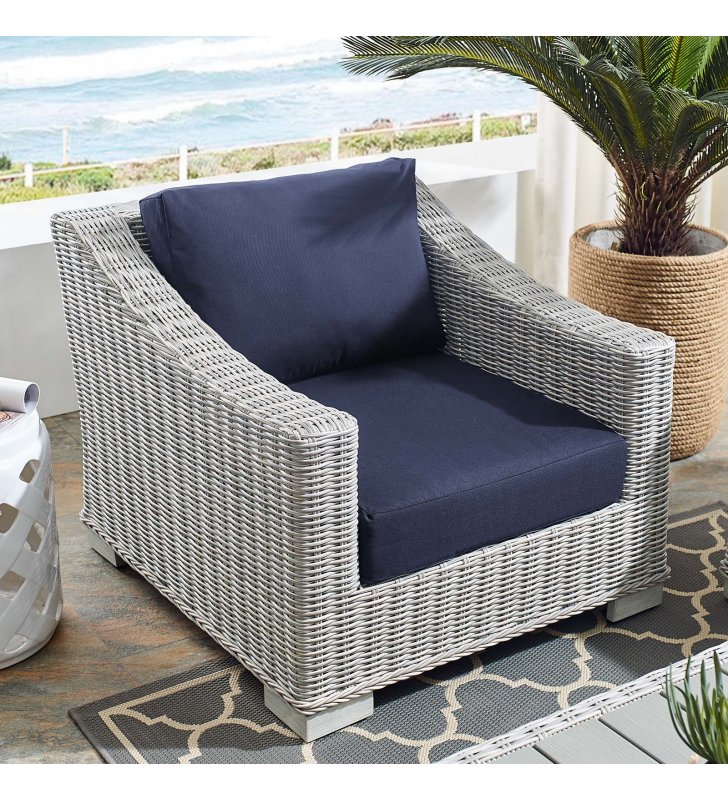 Conway Sunbrella Outdoor Patio Wicker Rattan Armchair in Light Gray Navy - Lexmod