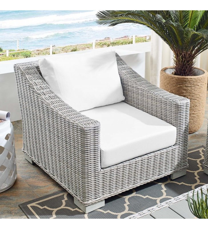 Conway Sunbrella Outdoor Patio Wicker Rattan Armchair in Light Gray White - Lexmod