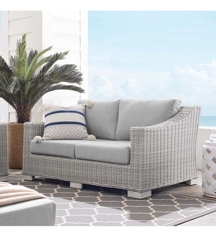 Conway Sunbrella Outdoor Patio Wicker Rattan Loveseat in Light Gray Gray - Lexmod