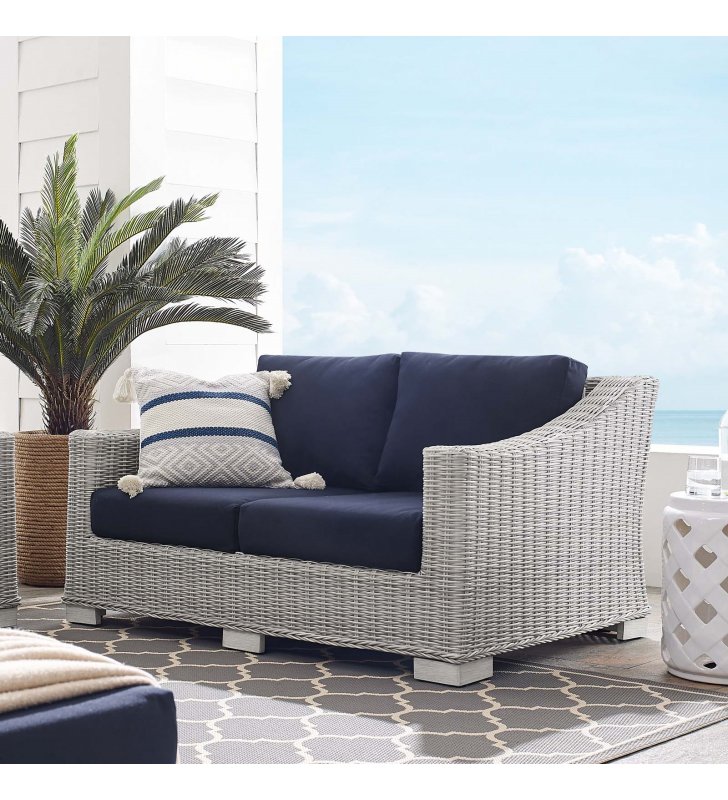 Conway Sunbrella Outdoor Patio Wicker Rattan Loveseat in Light Gray Navy - Lexmod
