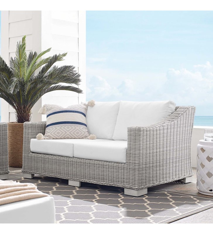Conway Sunbrella Outdoor Patio Wicker Rattan Loveseat in Light Gray White - Lexmod