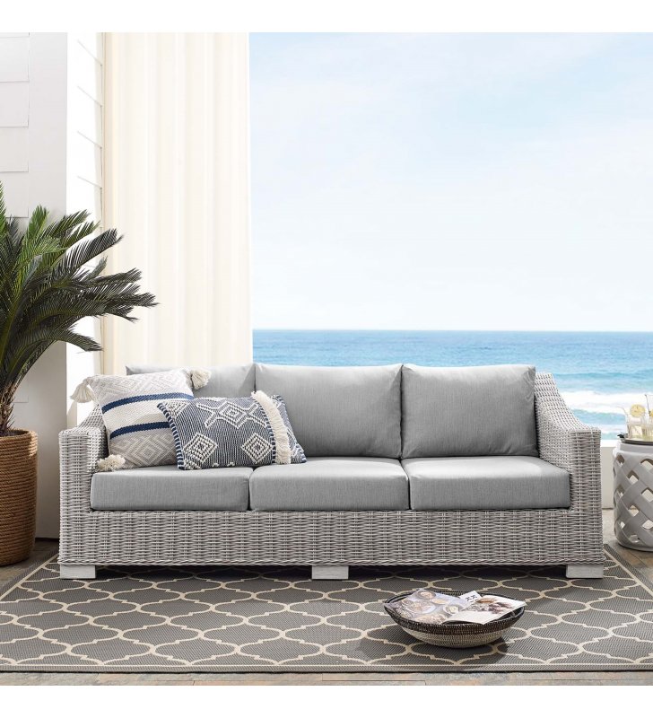 Conway Sunbrella Outdoor Patio Wicker Rattan Sofa in Light Gray Gray - Lexmod