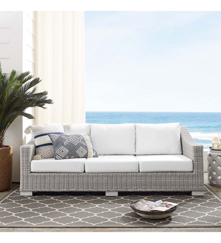 Conway Sunbrella Outdoor Patio Wicker Rattan Sofa in Light Gray White - Lexmod