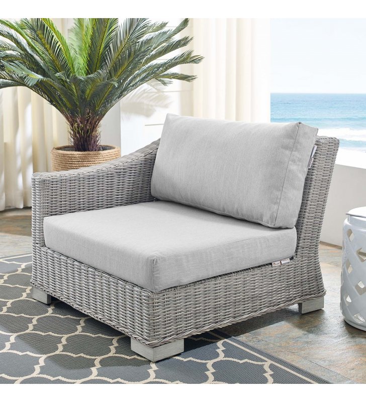 Conway Sunbrella Outdoor Patio Wicker Rattan Left-Arm Chair in Light Gray Gray - Lexmod