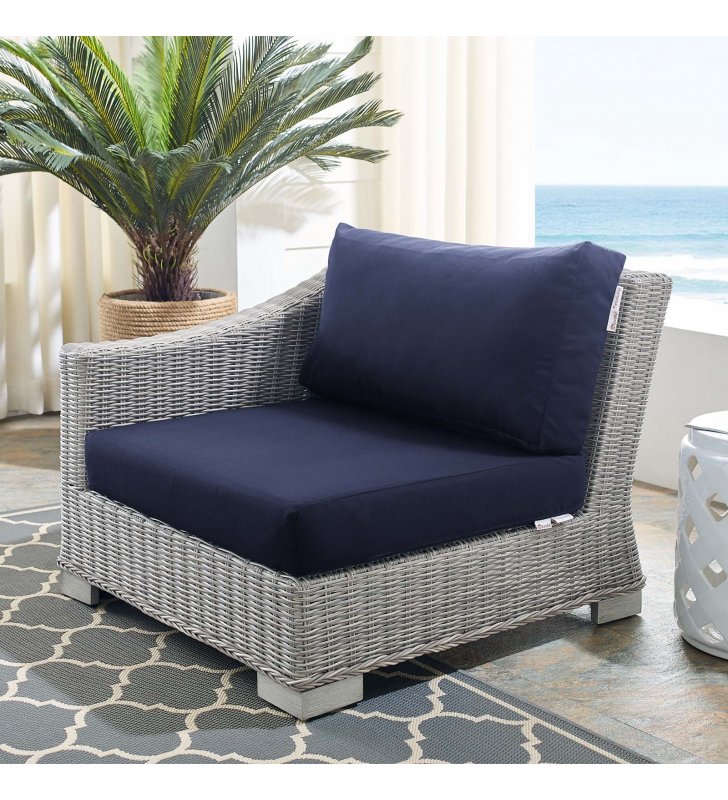 Conway Sunbrella Outdoor Patio Wicker Rattan Left-Arm Chair in Light Gray Navy - Lexmod