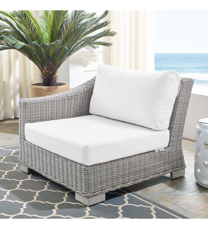 Conway Sunbrella Outdoor Patio Wicker Rattan Left-Arm Chair in Light Gray White - Lexmod