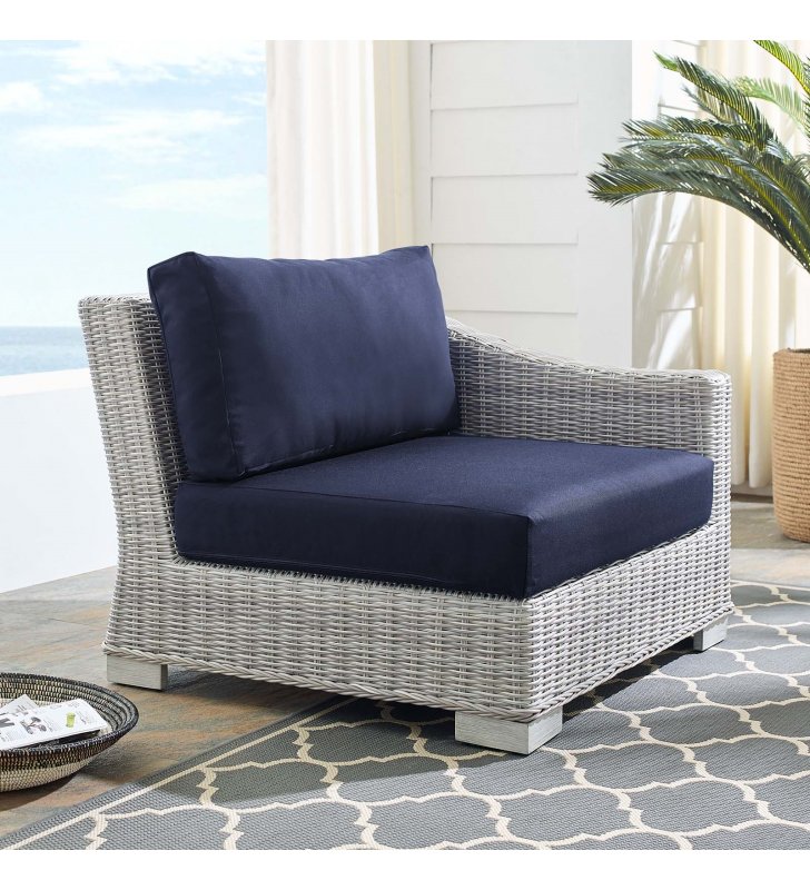 Conway Sunbrella Outdoor Patio Wicker Rattan Right-Arm Chair in Light Gray Navy - Lexmod