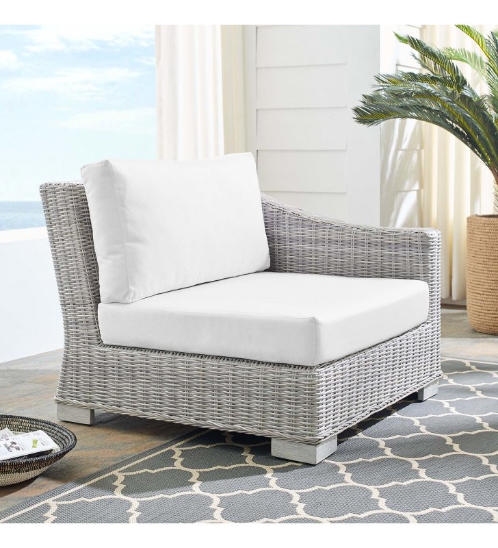 Conway Sunbrella Outdoor Patio Wicker Rattan Right-Arm Chair in Light Gray White - Lexmod