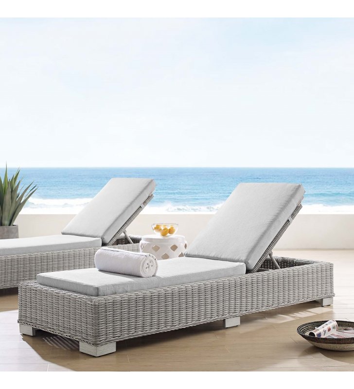 Conway Sunbrella Outdoor Patio Wicker Rattan Chaise Lounge in Light Gray Gray - Lexmod