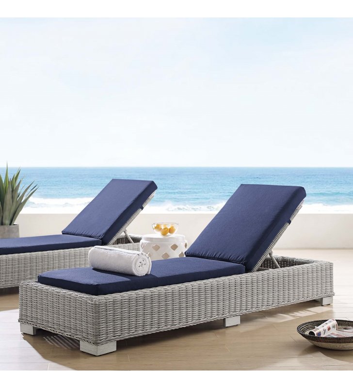 Conway Sunbrella Outdoor Patio Wicker Rattan Chaise Lounge in Light Gray Navy - Lexmod