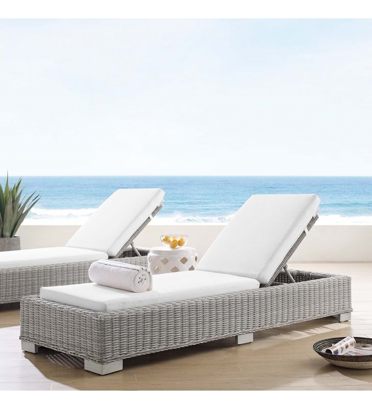 Conway Sunbrella Outdoor Patio Wicker Rattan Chaise Lounge in Light Gray White - Lexmod