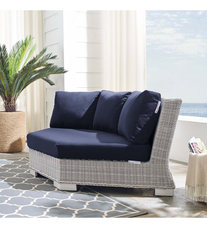 Conway Sunbrella Outdoor Patio Wicker Rattan Round Corner Chair in Light Gray Navy - Lexmod