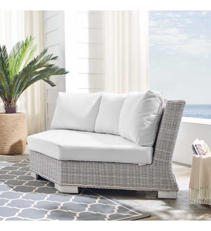 Conway Sunbrella Outdoor Patio Wicker Rattan Round Corner Chair in Light Gray White - Lexmod