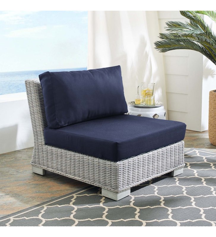 Conway Sunbrella Outdoor Patio Wicker Rattan Armless Chair in Light Gray Navy - Lexmod
