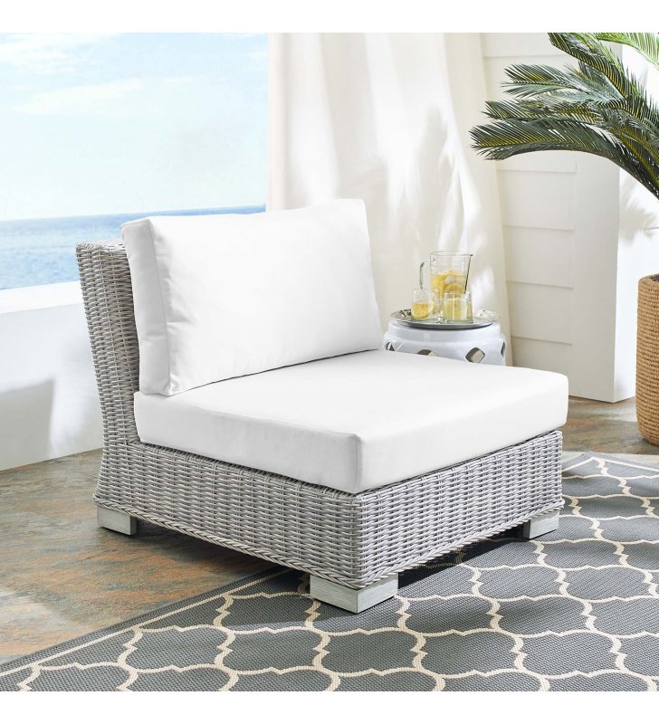 Conway Sunbrella Outdoor Patio Wicker Rattan Armless Chair in Light Gray White - Lexmod