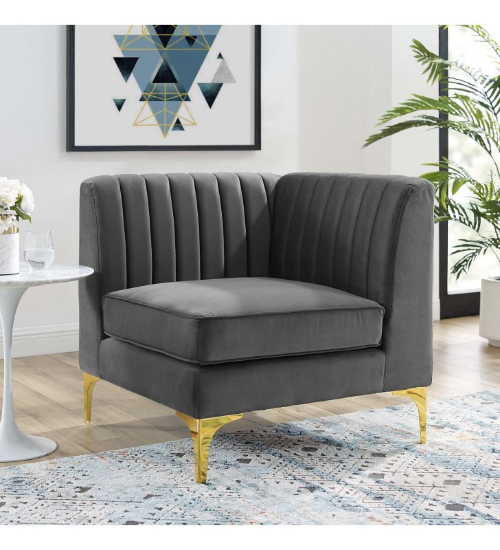 Triumph Channel Tufted Performance Velvet Sectional Sofa Corner Chair in Gray - Lexmod
