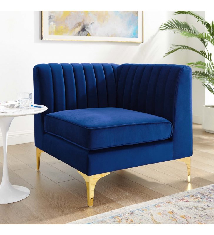 Triumph Channel Tufted Performance Velvet Sectional Sofa Corner Chair in Navy - Lexmod