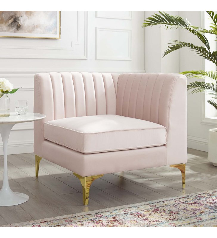 Triumph Channel Tufted Performance Velvet Sectional Sofa Corner Chair in Pink - Lexmod