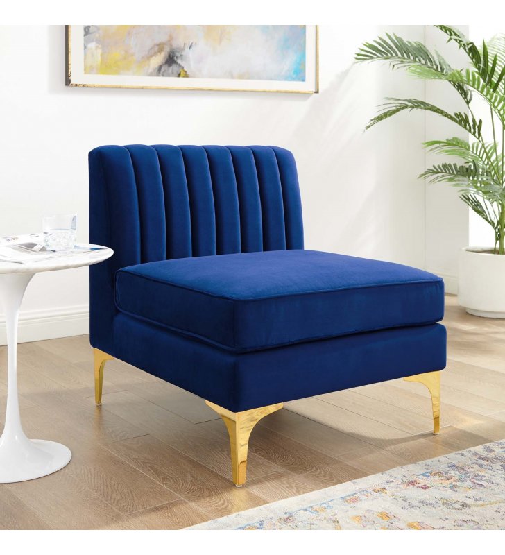 Triumph Channel Tufted Performance Velvet Armless Chair in Navy - Lexmod