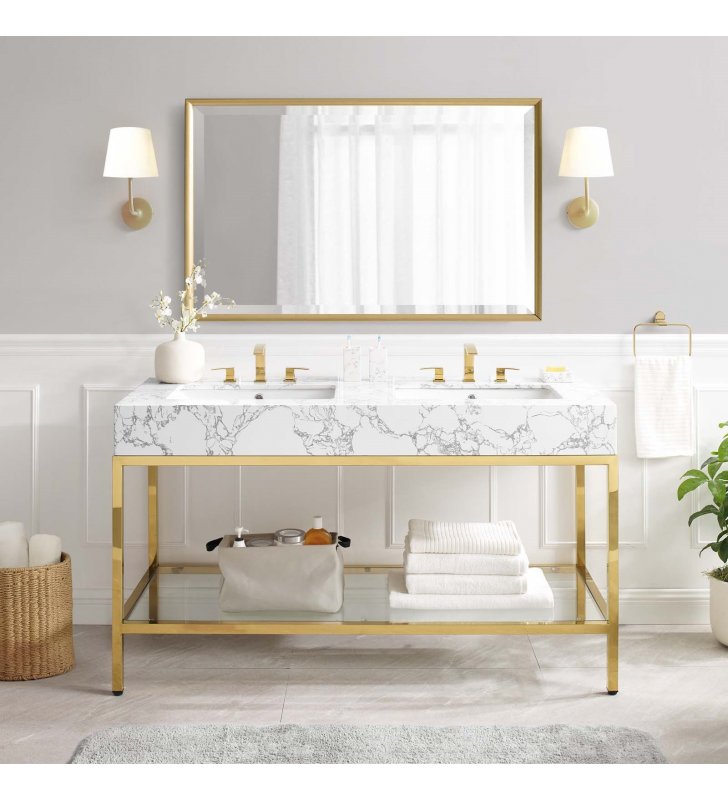 Kingsley 60" Gold Stainless Steel Bathroom Vanity in Gold White - Lexmod