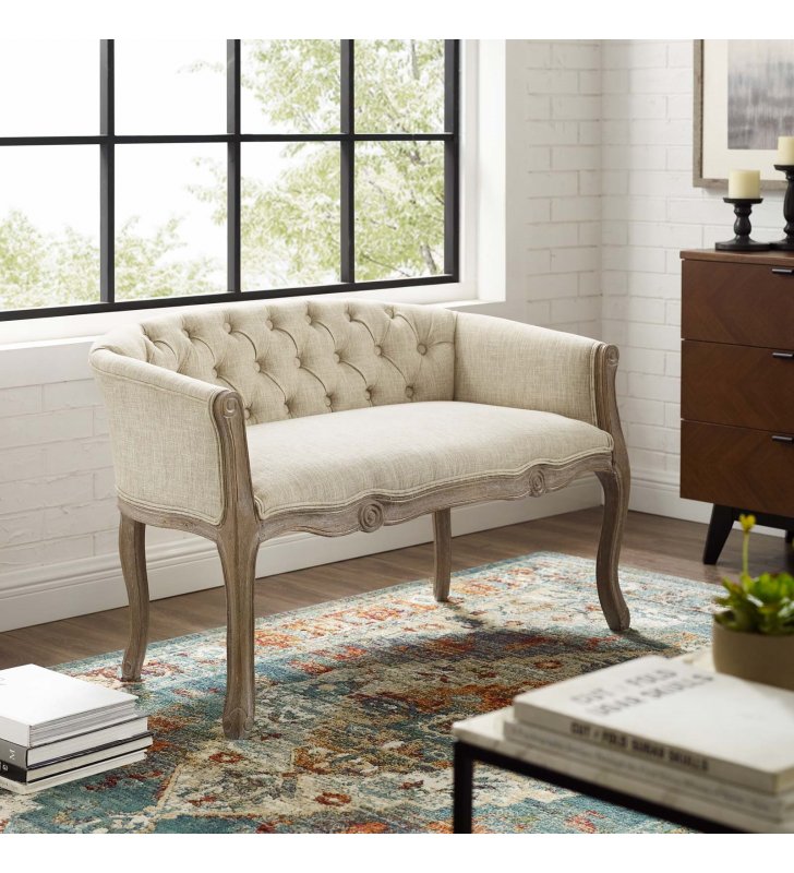 Crown Vintage French Upholstered Settee Loveseat in Beige - Lexmod