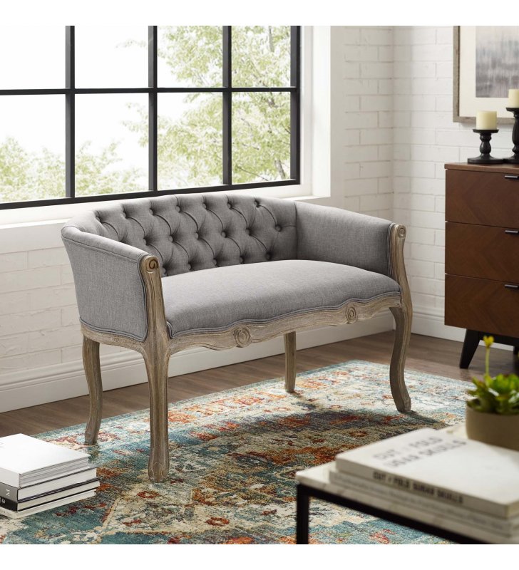 Crown Vintage French Upholstered Settee Loveseat in Light Gray - Lexmod