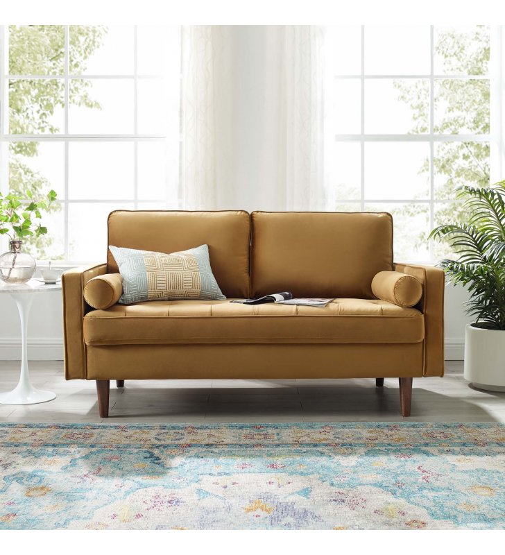 Valour Performance Velvet Loveseat in Cognac - Lexmod